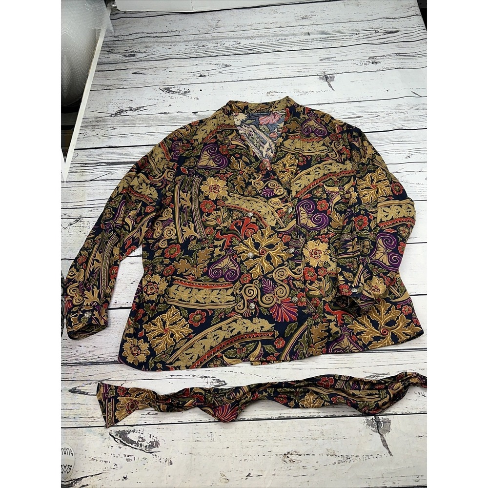 Maggie McNaughton Paisley Floral Print Button Down Blouse with Scarf Size L